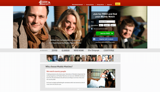 login screen of muddymatches.com. young attractive single farmers visible in the background smiling in the camera. 