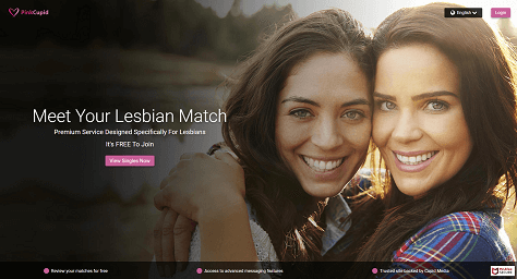 landing page of pinkcupid. a cute lesbian couple smiling into the camera. 