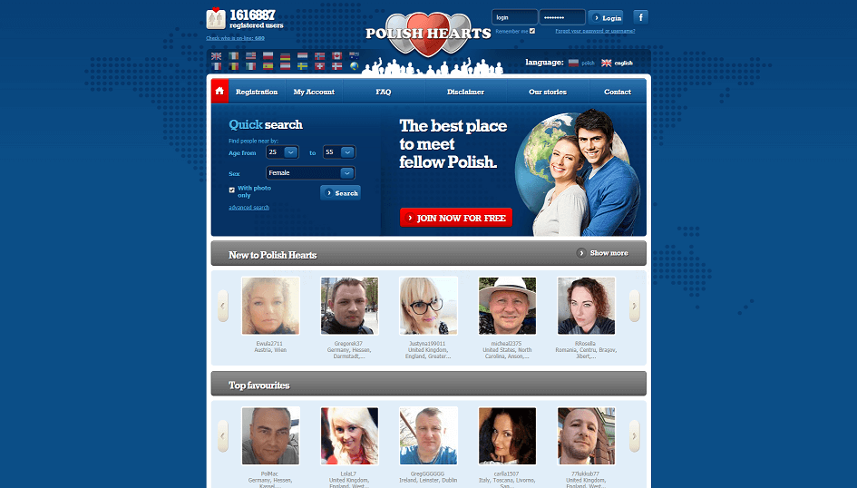 landig page polish hearts. overview of young polish singles categorized into "new" and "top favourites"