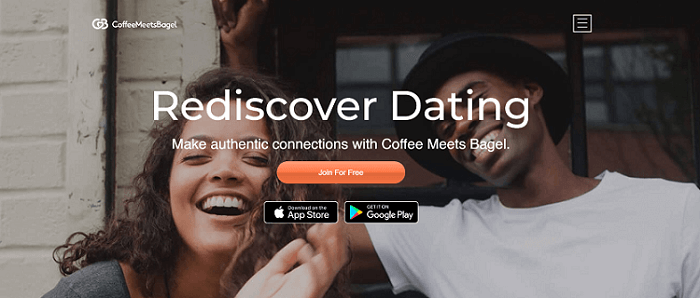 Homepage of dating site CoffeeMeetsBagel with faces of happy, young man and woman 