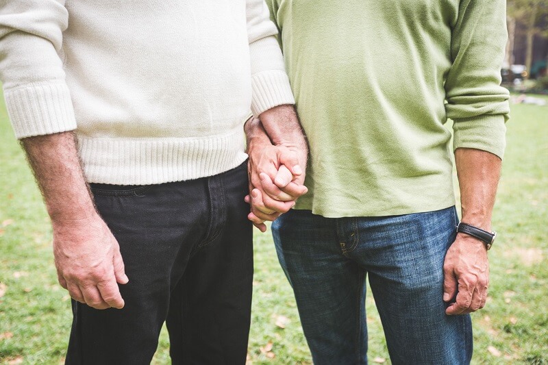 Two gay older men holding hands together in a park. 