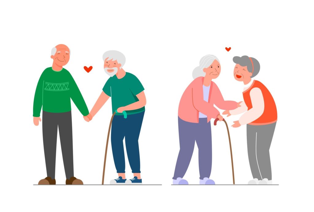 A cartoon image of  gay and lesbian senior couples happily holding hands.