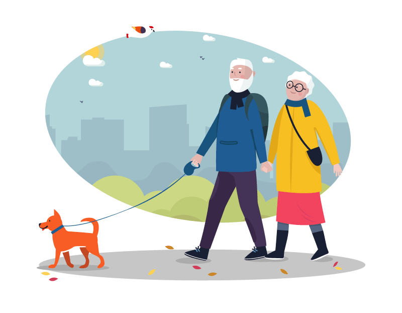 older couple walking their dog