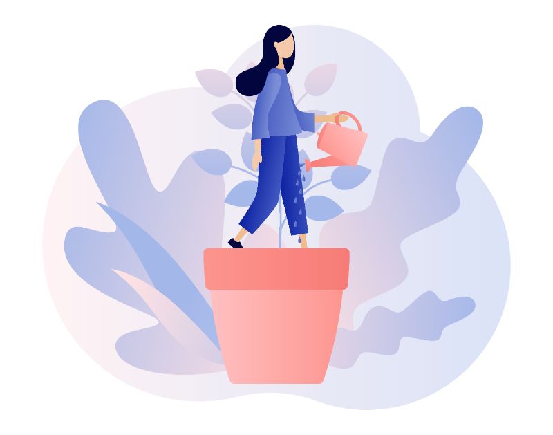 low self esteem in a relationship: Vector art of a woman improving her confidence as represented by watering a plant