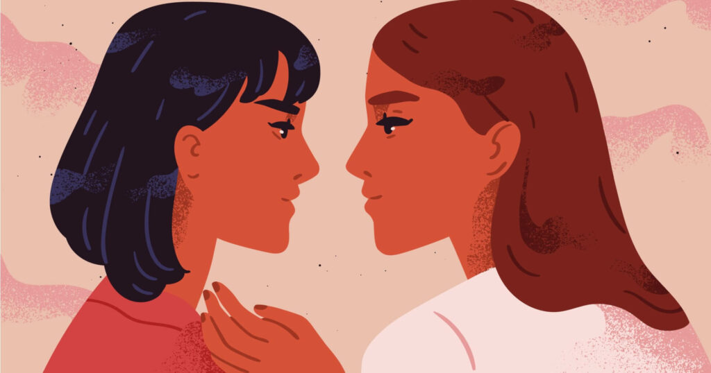 two illustrated lesbian women staring into each other's eyes