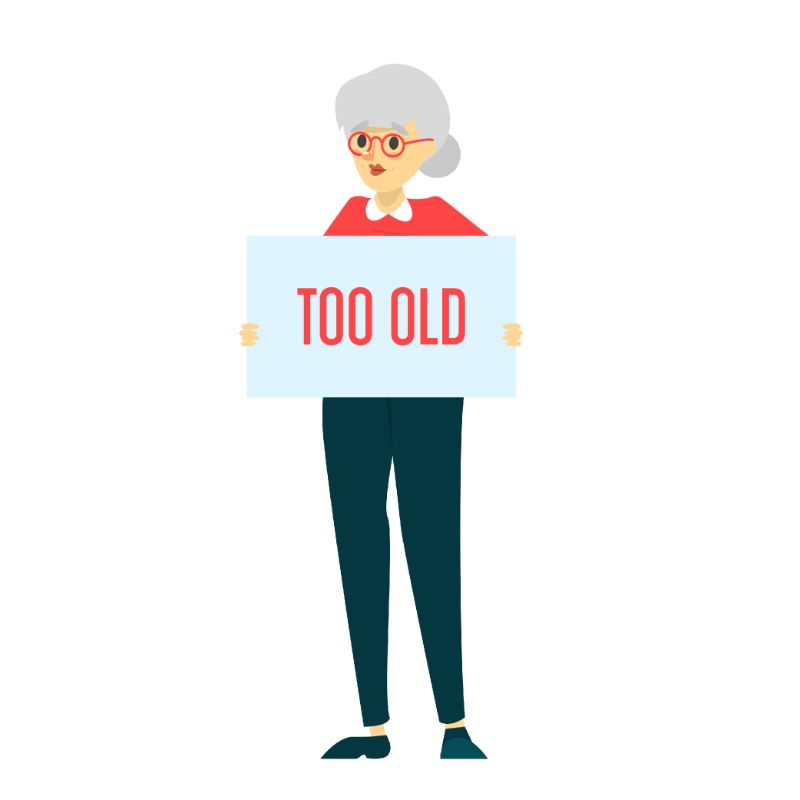 vector graphic of elderly women holding sign that says "too old"