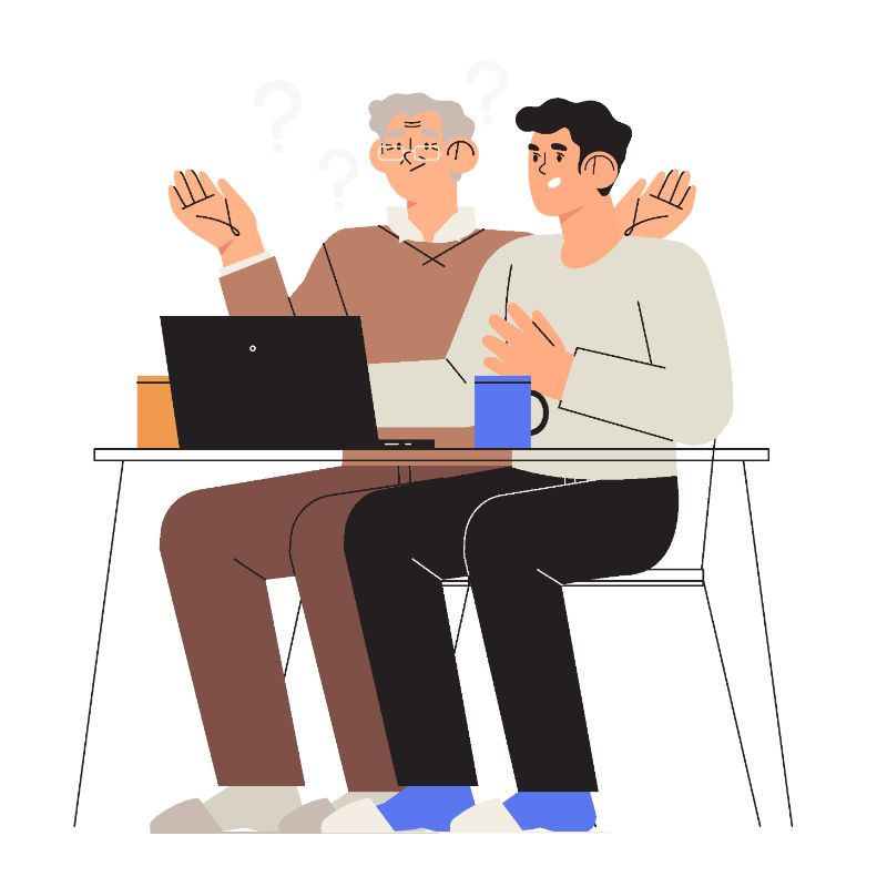 illustration of a younger man explaining something on the laptop to an older man