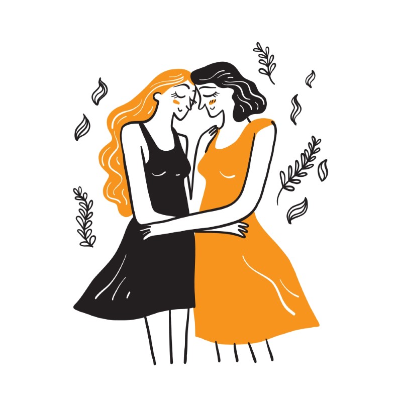 two illustrated bi women hugging each other