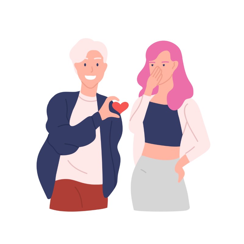 illustration of a pink haired woman not happy about guy showing her a heart: how to deal with rejection