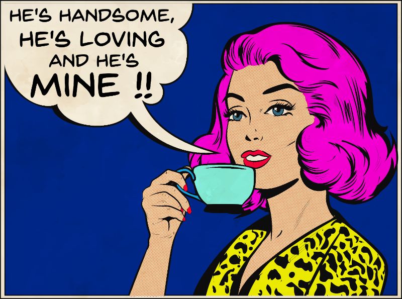 Comic style woman with a cup of mine talking about her crush