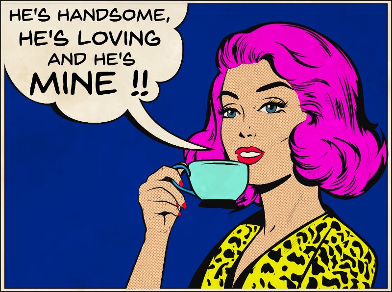 comic style woman with a cup of mine talking about her crush