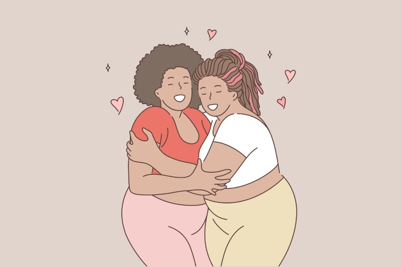 vector art of two women in love higging and looking happy