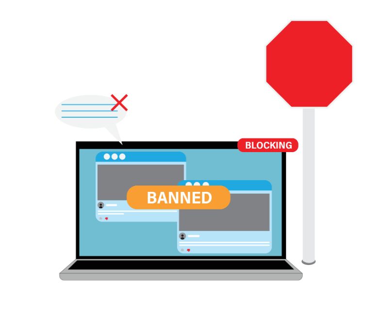 vector art of laptop showing someone being blocked and banned from messaging