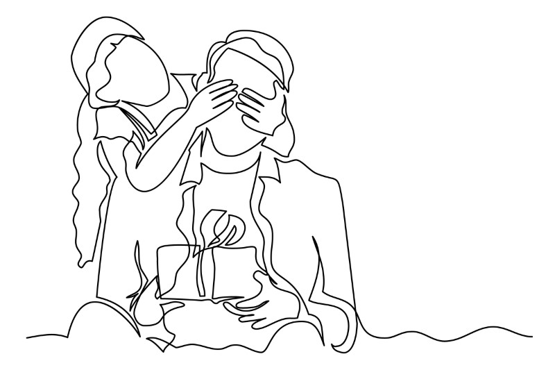 line art showing someone receive a surprise gift from their partner