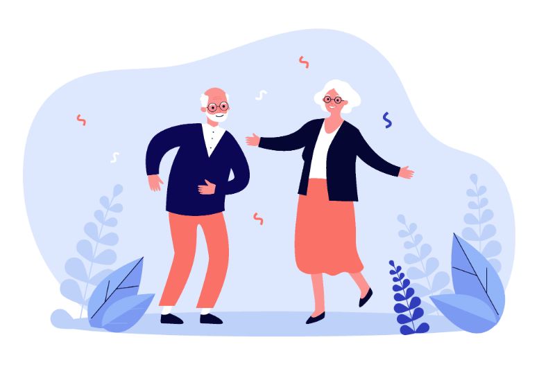 vector art of older man and woman dancing and celebrating finding love in your 50s