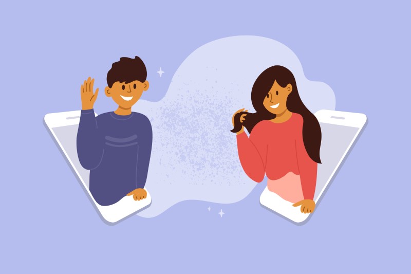 vector art of guy and woman in smartphones smiling at each other