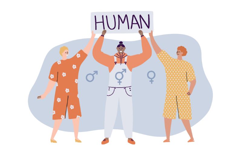 vector art of three people holding up sign that says human