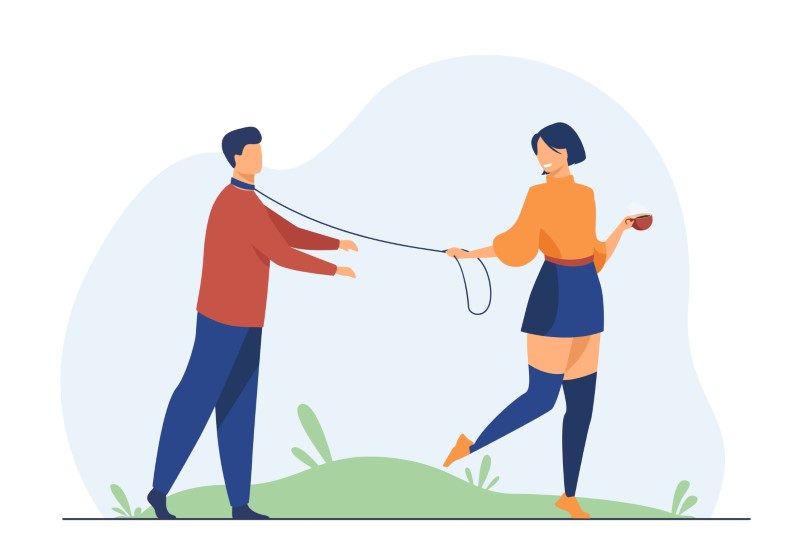 vector art of woman holding man by a leash